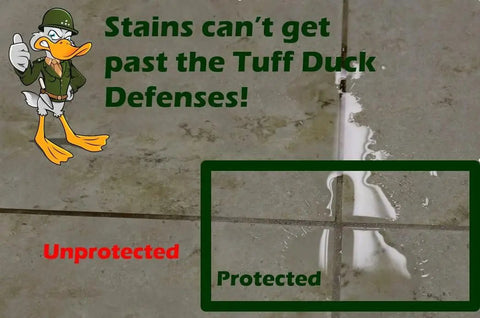 Tile with water showing effect of Hardcore Stone Sealer For Granite Grout Marble Travertine Limestone Slate And Concrete Penetrating One Coat Protection That Keeps The Natural Look Up To 5 Years 1 Gallon, cartoon duck illustration.