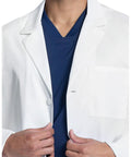 Close-up of Men's 30 Inch Lab Coat White Consultation Coat With Durable Mechanical Stretch Fabric Modern Fit Notched Lapels