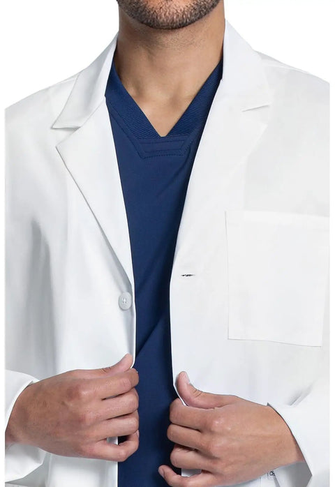 Close-up of Men's 30 Inch Lab Coat White Consultation Coat With Durable Mechanical Stretch Fabric Modern Fit Notched Lapels