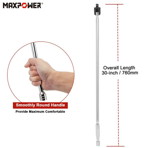30 Inch Breaker Bar With One Half Inch Drive Flex Handle Delivers Up To 378 Ft Lb Torque, shown with overall length and handle close-up.