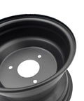 Close-up of 8 Inch Rear Wheel Rim With Three Holes Fits Most ATV Go Kart Off Road Dirt Pit Bike in black steel finish