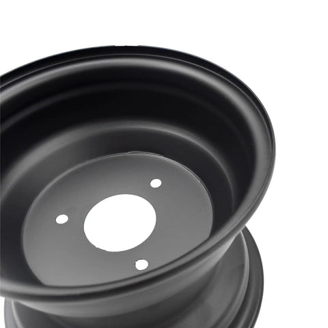 Close-up of 8 Inch Rear Wheel Rim With Three Holes Fits Most ATV Go Kart Off Road Dirt Pit Bike in black steel finish