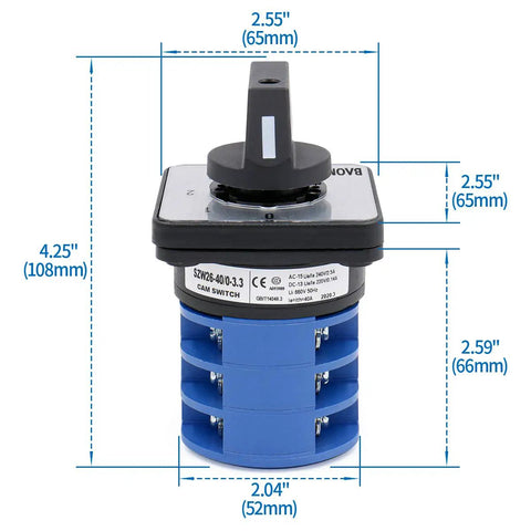 Heavy Duty 40A 660V 4-Position 3-Phase Rotary Cam Switch With 12 Terminals SZW26-40-0-3-3 front view with dimensions