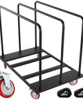 Heavy Duty Folding Table Cart And Drywall Dolly, 1800 Lb Capacity, Moves 10 Tables At Once, Beastly Mobile Utility Cart For Boxes, Wood, Stone, Plywood And More For Job Sites And Workshops black steel cart with red wheels and straps