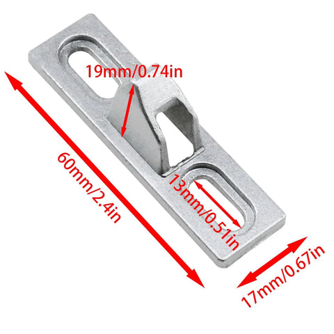 Sliding Door Lock Keepers For Glass Patio Doors 2 Pack Durable Corrosion Resistant Zinc Alloy Construction With Vertical Screw Slots For Easy Adjustment And Quick Installation Fits One Half Inch Glass Doors. Image shows labeled dimensions of zinc alloy sliding door keeper.