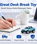 Mini RC Truck 1/64 Scale Alloy Monster Truck With Lights shown on a desk, highlighting portability and use as a desk toy.