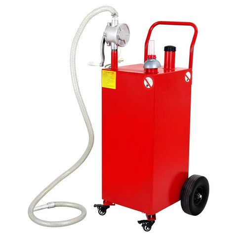 30 Gallon Gas Caddy With Pump On Four Wheels, Ready To Roll Portable Fuel Tank featuring red stainless steel body and siphon pump