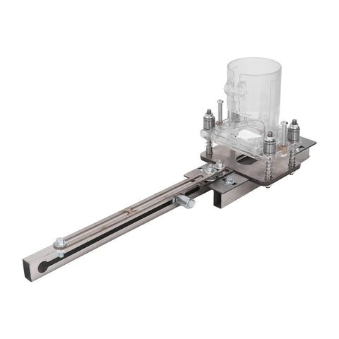 Wood router tool with adjustable metal guide rail and clear plastic guard; Amazon brand, compact and lightweight.