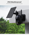 Solar-Powered Wireless Outdoor Security Camera With 360 Degree Pan-Tilt mounted on wall in rain, showcasing IP65 weatherproof design.