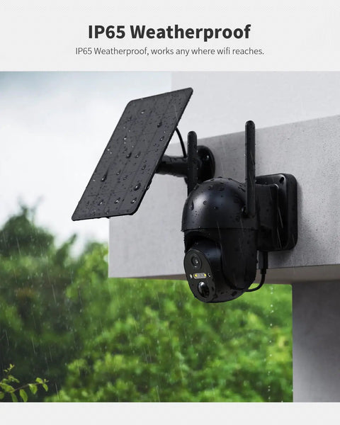 Solar-Powered Wireless Outdoor Security Camera With 360 Degree Pan-Tilt mounted on wall in rain, showcasing IP65 weatherproof design.