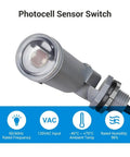 Dusk To Dawn Photocell Sensor Switch For Outdoor Low Voltage Lighting With Swivel Mount, shown with specifications