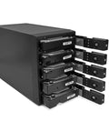 Top Shelf Five Bay Raid Hard Drive Enclosure Equipped With Dead Fast USB 3.0 Firewire 800 And Esata Ports Delivering Hella Reliable Throughput For Massive File Stacks In Sleek Black Frame, showing five accessible drive bays.
