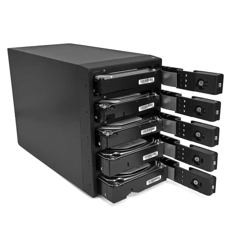 Top Shelf Five Bay Raid Hard Drive Enclosure Equipped With Dead Fast USB 3.0 Firewire 800 And Esata Ports Delivering Hella Reliable Throughput For Massive File Stacks In Sleek Black Frame, showing five accessible drive bays.