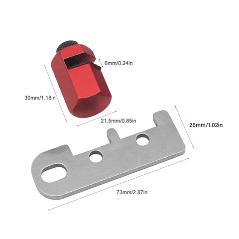 Dead Nuts Accurate Stair Gauge And Framing Square Stop Bracket with hex thumb screw adjustment shown in red and silver metal parts.
