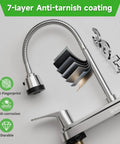 Top Shelf Two Handle Kitchen Faucet Featuring Slick High Arch Curve And Full 360 Swivel Motion Built With Rust Resistant Stainless Steel and Polished Chrome showing 7-layer anti-tarnish coating.