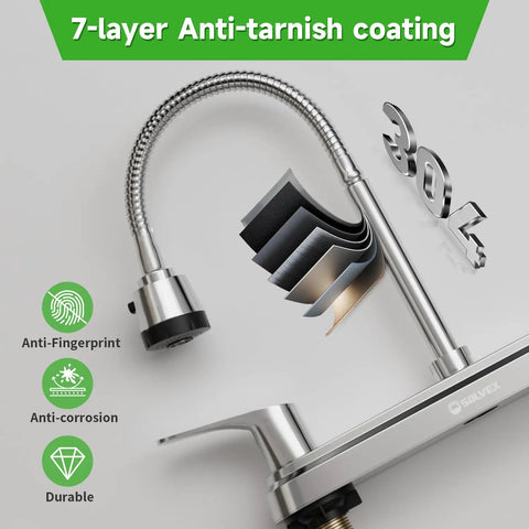 Top Shelf Two Handle Kitchen Faucet Featuring Slick High Arch Curve And Full 360 Swivel Motion Built With Rust Resistant Stainless Steel and Polished Chrome showing 7-layer anti-tarnish coating.