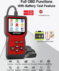 Pro OBD2 Scanner Code Reader With Battery Tester for Quick Engine Light Diagnostics, shown with display and cable