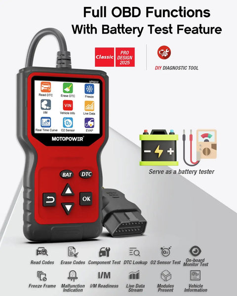 Pro OBD2 Scanner Code Reader With Battery Tester for Quick Engine Light Diagnostics, shown with display and cable