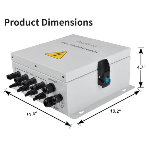 Heavy Duty 4 String PV Combiner Box With A Straight Up 15A Setup and Rock Solid Metal Housing, dimensions 11.4" x 10.2" x 4.7".