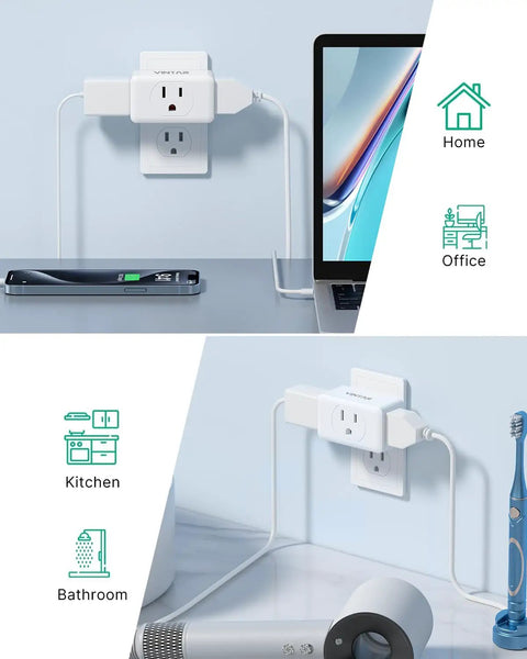 Three Outlet Power Plug Extender And Grounded Wall Tap Adapter For Travel Home Office Dorm with devices connected