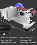 Badass Electric Knife Sharpener And Wet Bench Sander featuring stainless steel body, 350W motor, and detailed specifications.