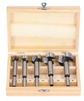 Professional Grade 5 Piece Forstner Drill Bit Set Sizes 15 Through 35 Millimeter in wooden box showing five bits.
