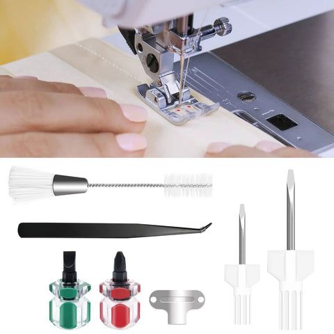 7-piece sewing machine cleaning kit with tweezers, double-ended brush, needle board, and four short screwdrivers.