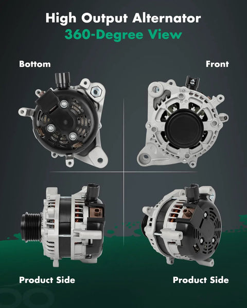 Drop In Replacement 12V 135Amp Alternator For Honda Civic 2.0L 2016 2017 2018 2019 2020 2021 2022 With CW SC7 Pulley Keeps Your Ride Charged OE Style Part Numbers 11931 104211-3910 31100-5BA-A01 31100-5BA-A01RM, shown in 360-degree view with front, side, and bottom perspectives.