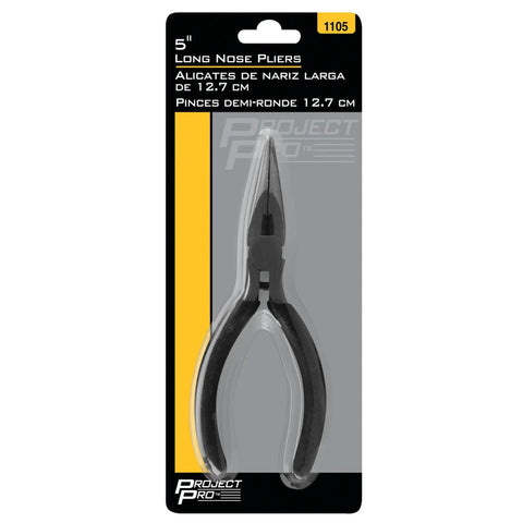 5 Inch Long Nose Pliers With Heat Treated Alloy Steel Construction in packaging, cushion grip handles, for auto and electrical repairs