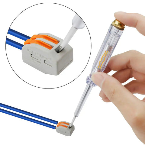 100 Pack Lever Nut Wire Connectors 2 Conductor Quick Connect Terminals in use with screwdriver and blue wires