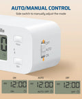 Indoor Programmable Digital Timer Outlet Plug Two Pack 24 Hour Schedule Switch with side switch for manual control mode.