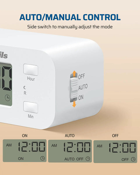 Indoor Programmable Digital Timer Outlet Plug Two Pack 24 Hour Schedule Switch with side switch for manual control mode.