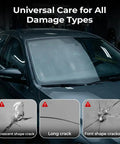 Car windshield with insert images showing crescent, long, and font shape cracks. Windshield Crack Repair Kit With Quick Glass Repair Fluid Easy DIY Fix For Chips And Cracks Long Lasting Glass Repair Solution For Windshields Mirrors And Glass Surfaces Portable Fast No Hassle Repair Tool.