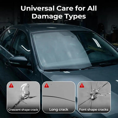 Car windshield with insert images showing crescent, long, and font shape cracks. Windshield Crack Repair Kit With Quick Glass Repair Fluid Easy DIY Fix For Chips And Cracks Long Lasting Glass Repair Solution For Windshields Mirrors And Glass Surfaces Portable Fast No Hassle Repair Tool.