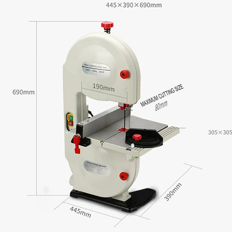 Hella Flexible 8 Inch Vertical Table Band Saw With Variable Speed Motor And 45 Degree Tilting Bench For Precision Wood And Metal Curve Cutting Projects, showing dimensions and design.