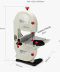 Badass 8 Inch Vertical Band Saw With Adjustable Tilt Table showing dimensions and design for precise cutting of wood, metal, and plastic.