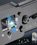 Close-up view of 200 Pack RJ45 Cat6 Pass Through Connectors for Solid or Stranded UTP Cable Modular Plugs, showing termination process.