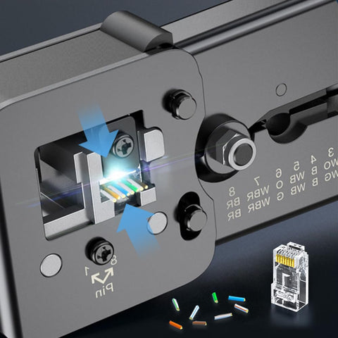 Close-up view of 200 Pack RJ45 Cat6 Pass Through Connectors for Solid or Stranded UTP Cable Modular Plugs, showing termination process.