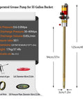 No Sweat Slick Air Powered Grease Pump Kit For 55 Gallon Drums showing specifications and dimensions, aluminum construction and hose.