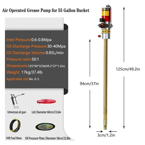 No Sweat Slick Air Powered Grease Pump Kit For 55 Gallon Drums showing specifications and dimensions, aluminum construction and hose.