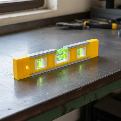 Spirit Level, Aluminum Alloy in yellow on a workbench with visible bubble levels and scale for accurate measurements.