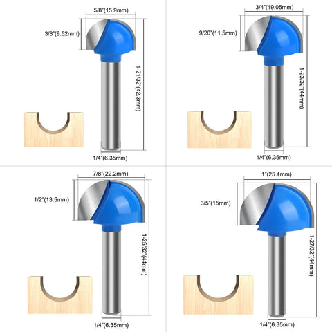 Box Router Bit Set 8 Pc Solid Carbide 1/4 Inch Shank Woodworking Bits With 1/4 To 1 Inch Round Nose Double Flute shown with groove sizes.