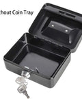 Open black Compact Locking Cash Box For Coins And Meds With A Secure Keyed Lock, no coin tray, with keys, 4.9 x 3.7 x 2.3 inches