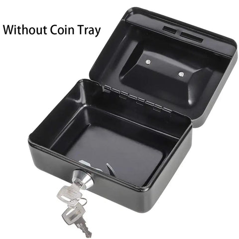 Open black Compact Locking Cash Box For Coins And Meds With A Secure Keyed Lock, no coin tray, with keys, 4.9 x 3.7 x 2.3 inches