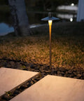 G2 12V Brass Path Light illuminating pathway in garden with warm white LED, night view of low voltage landscape lighting