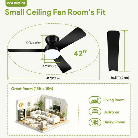 42 Inch Low Profile Ceiling Fan With Lights And Remote Reversible DC Motor Sleek Black Flush Mount For Bedroom And Living Room 3 CCT Dimmable With Timer featuring dimensions and room fit guide