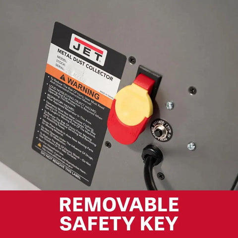 Shop Ready Benchtop Metalworking Dust Collector featuring non sparking aluminum housing and removable safety key for enhanced safety.