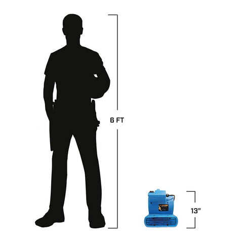 Compact Mini Air Mover Carpet Dryer with 380 CFM shown beside a 6 ft silhouette for size comparison, 13 inches tall.