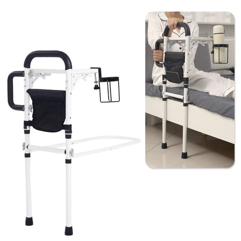 Adjustable Bedside Rail With Storage Pocket For Seniors And Adults shown on bed with sturdy steel and easy install design.