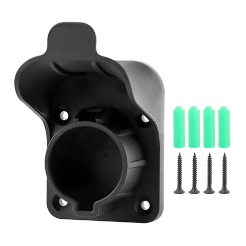 Premium Wall Mount EV Charger Holder Built For SAE J1772 AC Charging Cable Setup with screws and wall plugs included.